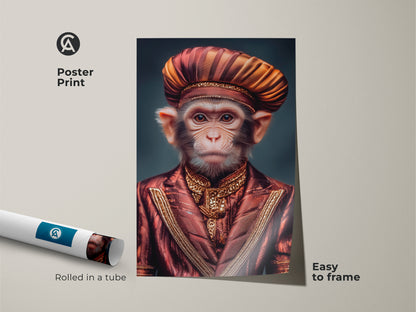 A regal monkey art print is shown as a poster print. This surreal portrait features a monkey in an ornate red and gold suit with a turban. The print arrives rolled in a tube easy to frame. Perfect bohemian style wall art. It is a unique fine art print and a unique gift idea.