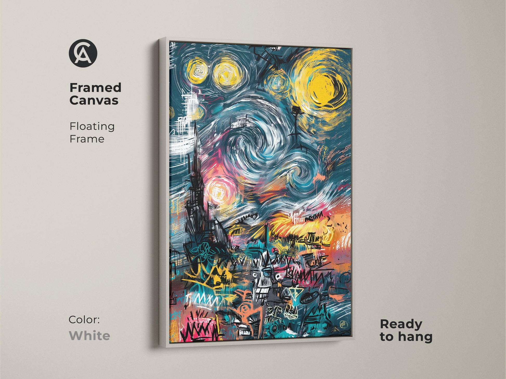 White Framed Canvas Graffiti Style Starry Night Artwork. The floating frame gives a modern look and is ready to hang. This artwork is a unique addition to your wall decor. Its colorful and vibrant adding an artful touch.