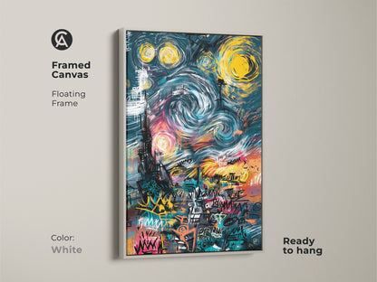 White Framed Canvas Graffiti Style Starry Night Artwork. The floating frame gives a modern look and is ready to hang. This artwork is a unique addition to your wall decor. Its colorful and vibrant adding an artful touch.