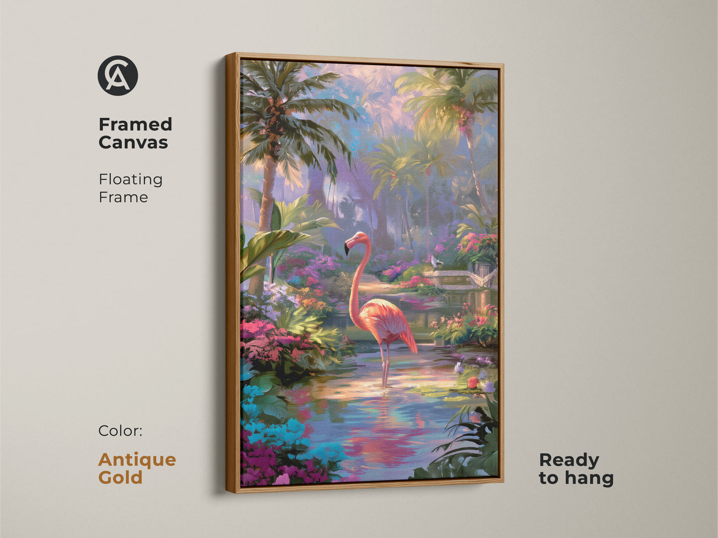 Framed canvas of a flamingo artwork with an antique gold frame. This floating frame enhances the serene tropical scene. It's ready to hang. The lush greenery wall art adds an exotic touch. Ideal as a unique gift.
