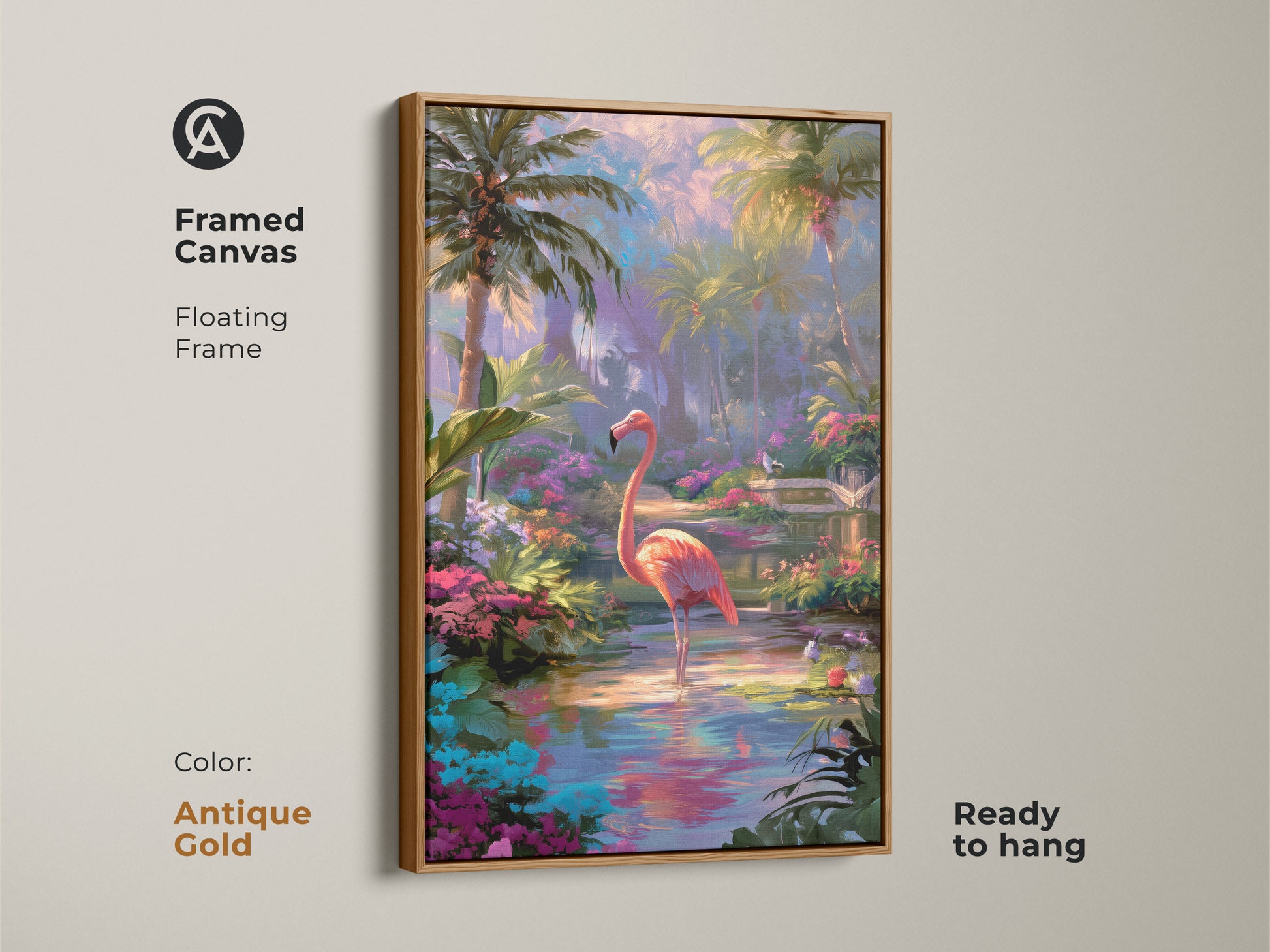 Framed canvas of a flamingo artwork with an antique gold frame. This floating frame enhances the serene tropical scene. It's ready to hang. The lush greenery wall art adds an exotic touch. Ideal as a unique gift.