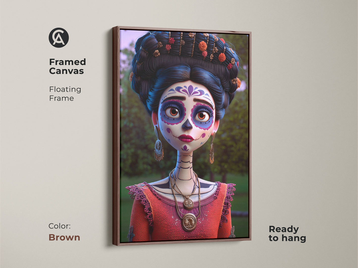 Brown framed canvas of Mexican Sugar Skull art. This Dia de Muertos art floats in a stylish brown frame. Ready to hang cultural artwork. The vibrant coral orange purple tones create a warm eclectic feel. A unique housewarming gift.
