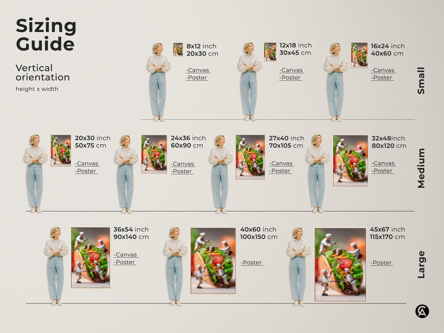 Sizing guide for vertical culinary art prints. Visualize different sizes of the miniature chefs preparing a taco artwork. Available as canvas or poster. Find the ideal size to complement your space today.