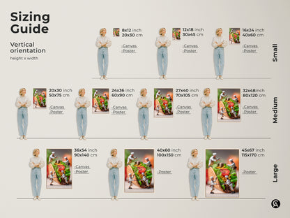 Sizing guide for vertical culinary art prints. Visualize different sizes of the miniature chefs preparing a taco artwork. Available as canvas or poster. Find the ideal size to complement your space today.