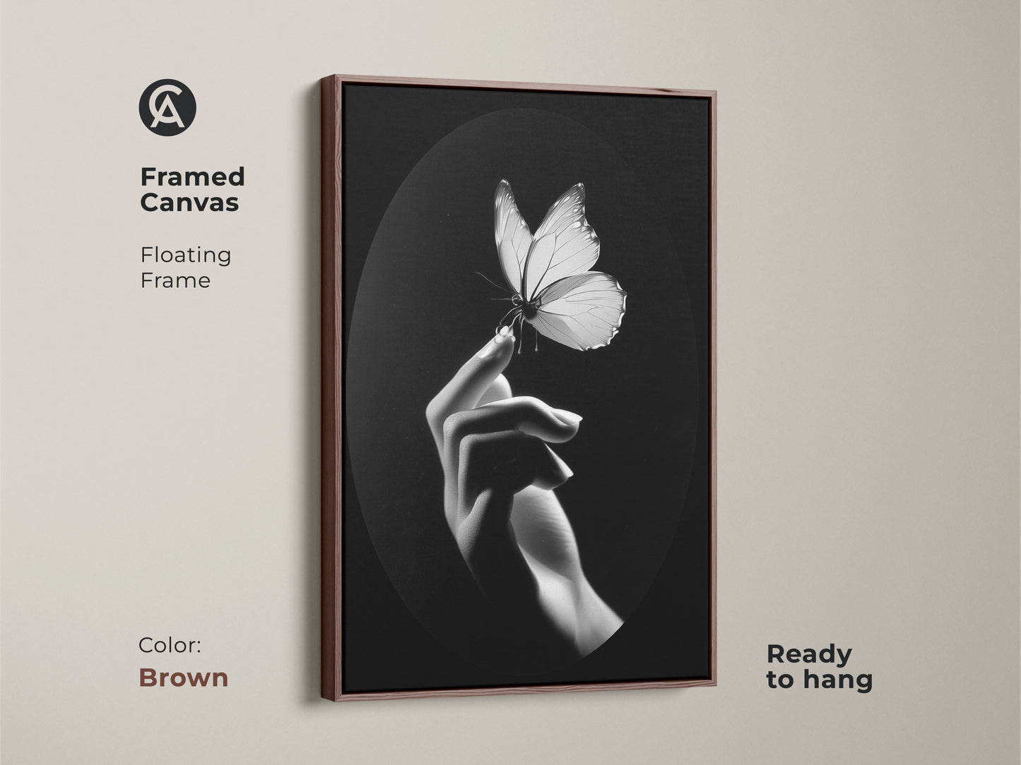 A framed canvas displays monochrome butterfly artwork. Its floating frame enhances the minimalist hand art. Black and white wall decor is ready to hang. The artwork is a thoughtful nature lover gift. A contemporary choice for bedroom art. Insect macro print suits an elegant home. This fine art canvas enhances a minimalist living room. This butterfly wall hanging provides a modern office art touch