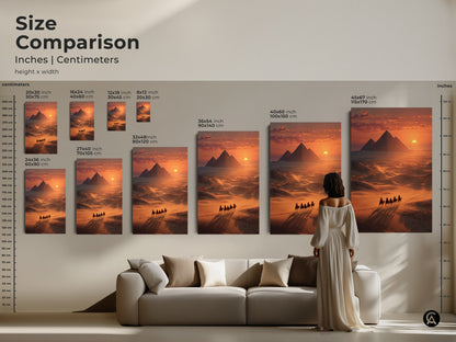 Size comparison of Egyptian Pyramids & Camel Caravan artwork in inches and centimeters. See how the different sizes fit in a living space. Choose the perfect dimensions for your wall. This eclectic travel decor adds a touch of ancient history to your home. Perfect for travel enthusiasts.