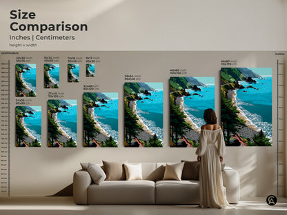 Size comparison of teal blue beach landscape artwork in inches and centimeters. Visualize the coastal ocean wall art with green seaside nature scenery above a sofa. See how different sizes enhance your space. Perfect for coastal living art.