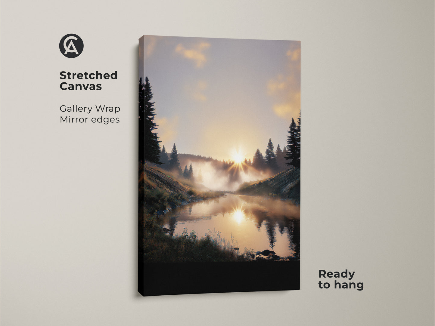 Stretched canvas of forest sunrise art. The gallery wrap features mirror edges. This misty river wall art is ready to hang. The rustic landscape print brings nature indoors.