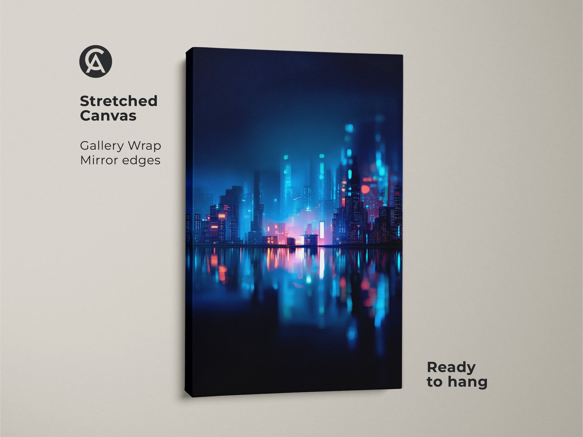 Stretched canvas art featuring a neon cityscape. The gallery wrap with mirrored edges gives it a seamless look. Ready to hang this artwork brings a vibrant futuristic style. Perfect for modern home decor.