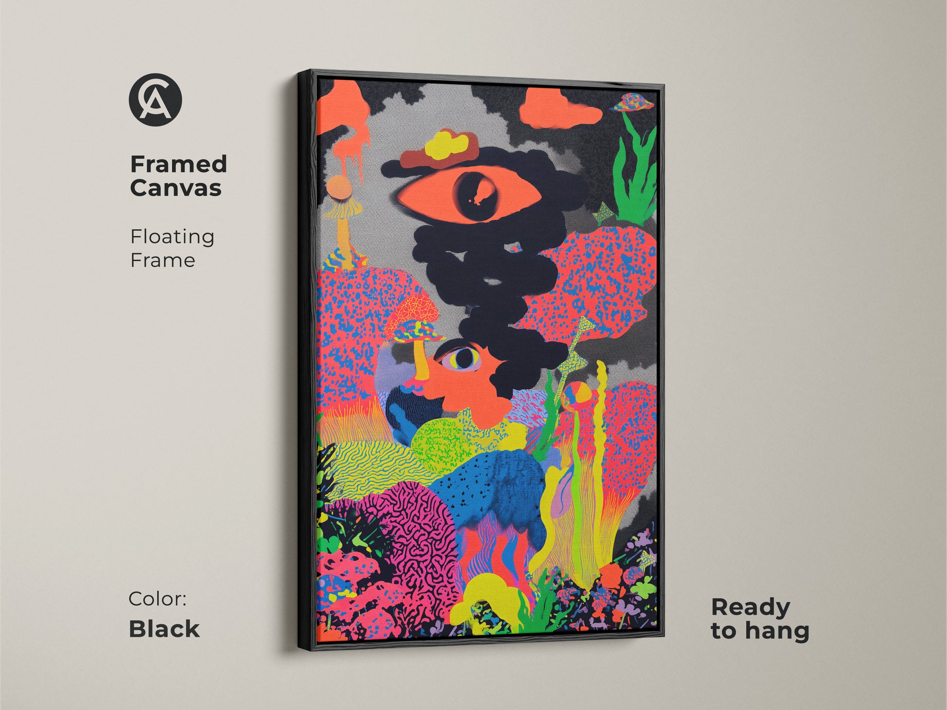 Framed canvas of abstract eye artwork. The floating frame is black. This eclectic eye canvas art is ready to hang. The neon pink and orange colors provide a psychedelic pop art feel.