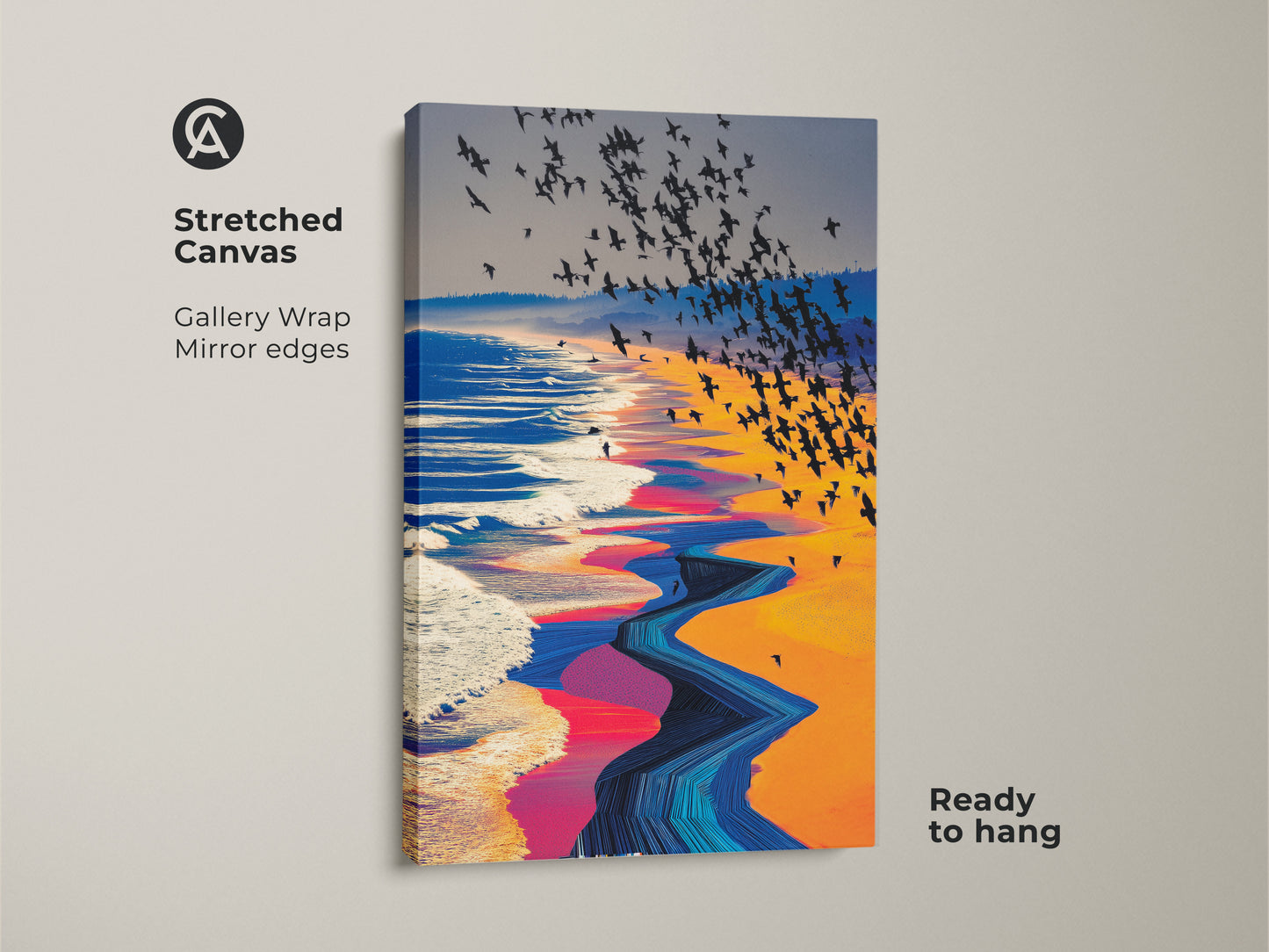Gallery wrapped abstract ocean waves canvas featuring a flock of birds. This surreal beach wall art has mirror edges and is ready to hang. The artwork showcases vibrant orange yellow blue colors ideal for eclectic home decor.