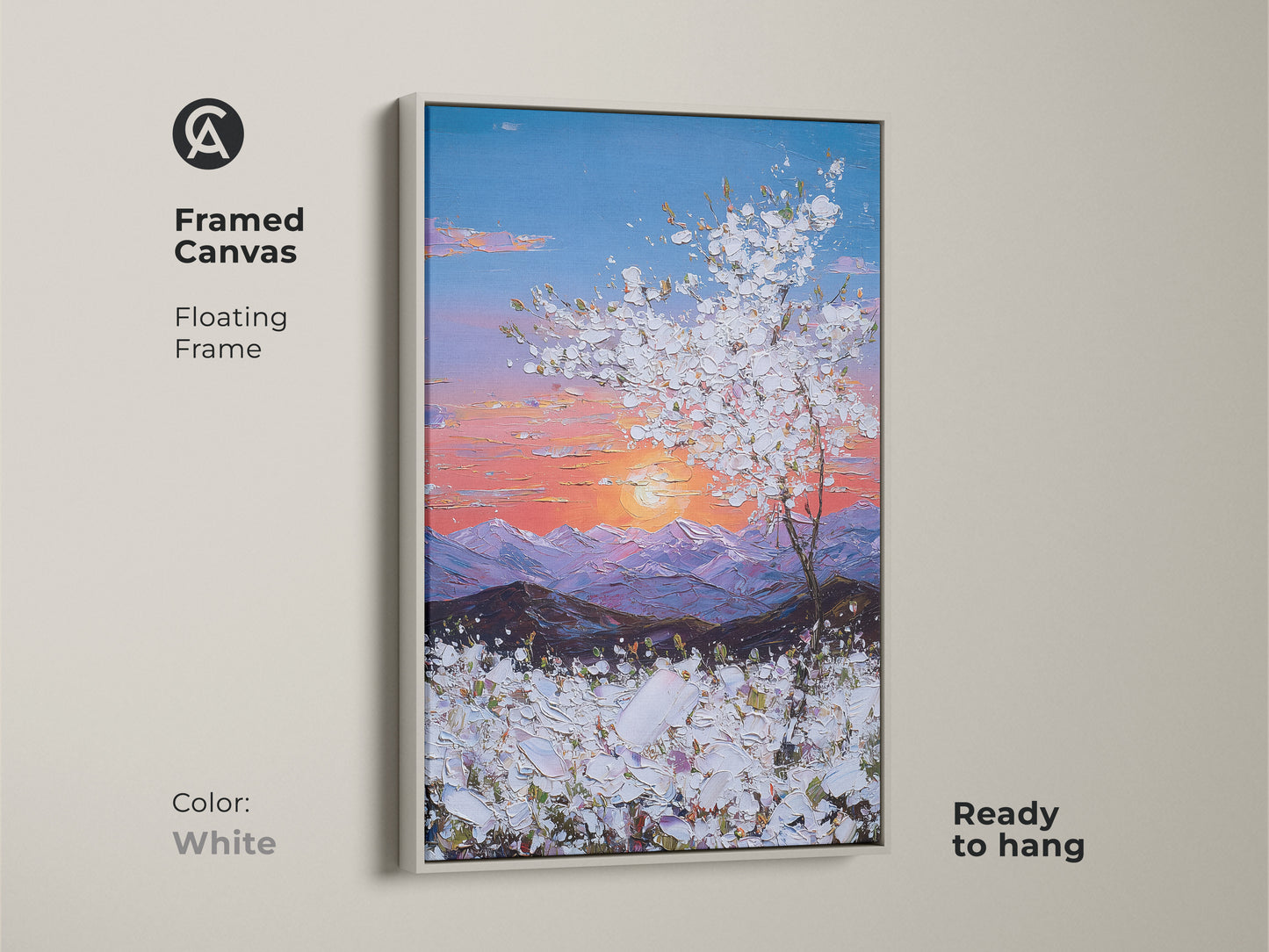 Framed canvas with a white floating frame showcasing a sunset mountain view. The blue pink orange tree art brings a peaceful nature scene to your home. Ready to hang and enjoy.