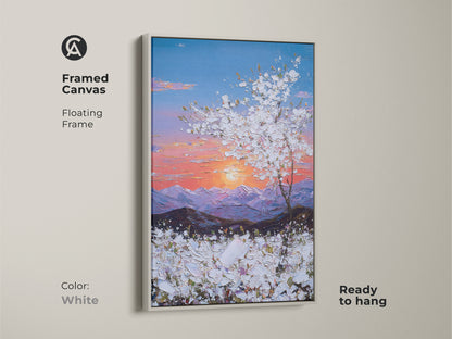 Framed canvas with a white floating frame showcasing a sunset mountain view. The blue pink orange tree art brings a peaceful nature scene to your home. Ready to hang and enjoy.