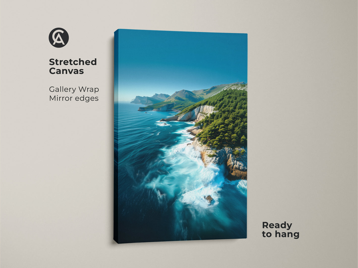 Stretched Coastal Cliff Ocean Canvas Print. Features turquoise and deep blue landscape art. Pine trees and nature blend seamlessly. Ready to hang gallery wrap with mirror edges. Coastal serenity.