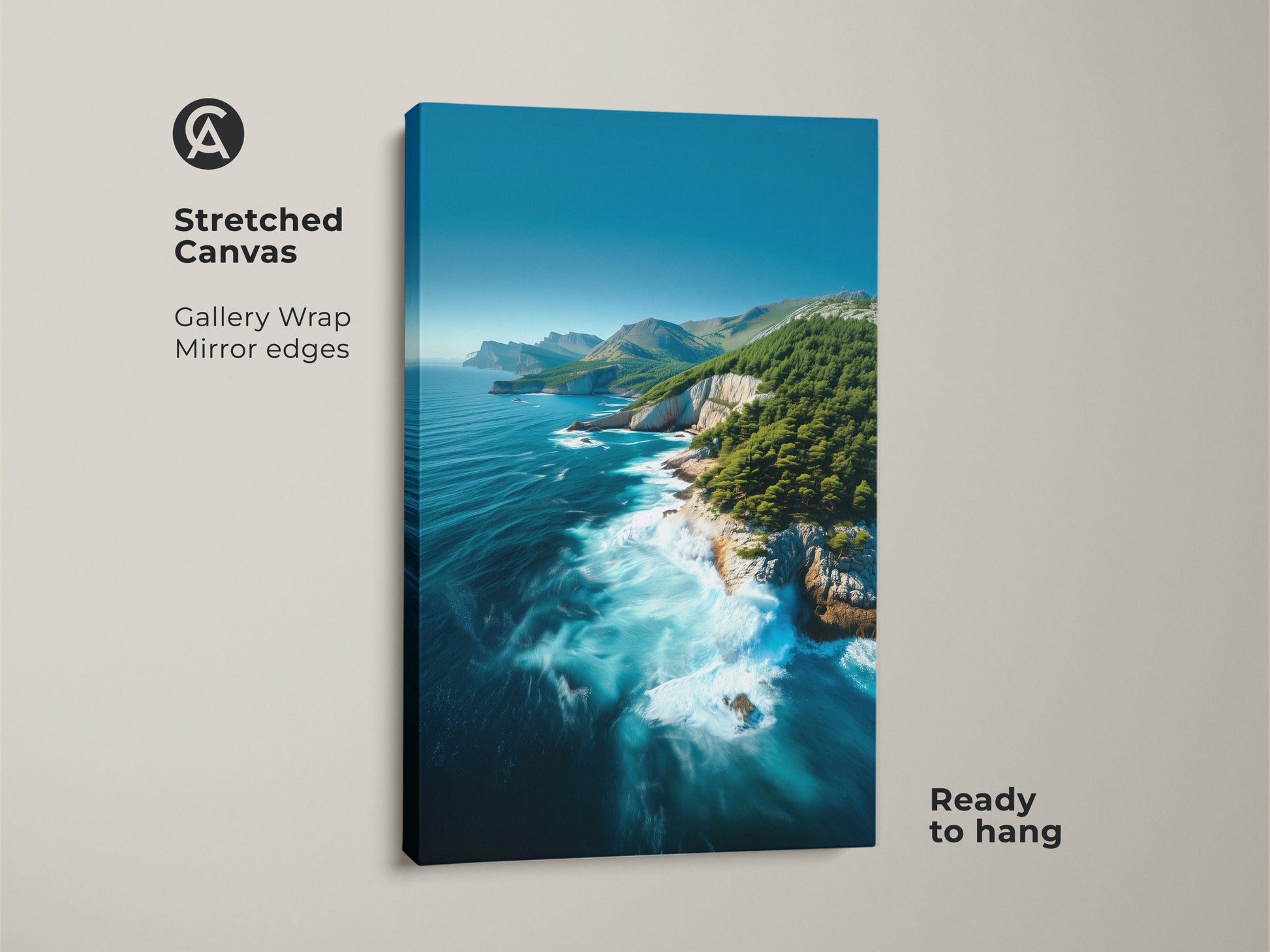 Stretched Coastal Cliff Ocean Canvas Print. Features turquoise and deep blue landscape art. Pine trees and nature blend seamlessly. Ready to hang gallery wrap with mirror edges. Coastal serenity.