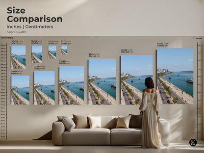 Size comparison of coastal cityscape prints. Various sizes in inches and centimeters are shown. This artwork is perfect as a travel photography canvas. Blue teal tones create a contemporary look.