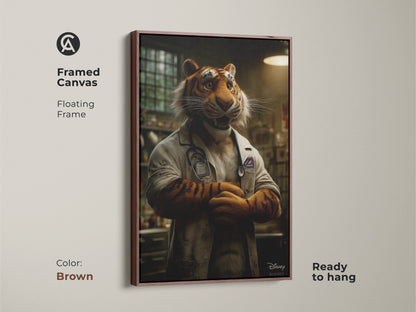 A framed canvas artwork showcasing a tiger dressed as a doctor. The floating frame is brown. The artwork is ready to hang and adds a unique touch to your decor. The art combines animal and medical themes. It is a unique piece.