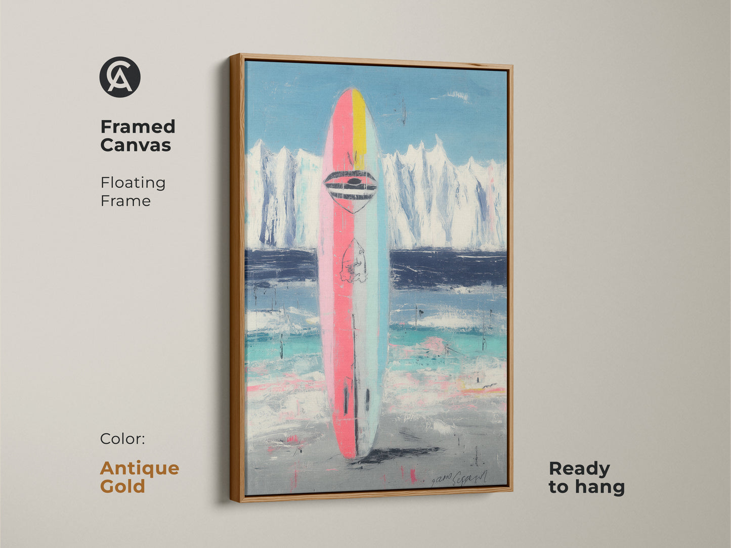 Framed canvas with an antique gold floating frame. Features abstract surfboard art. The pink blue and teal color palette brings coastal charm. Ready to hang artwork.