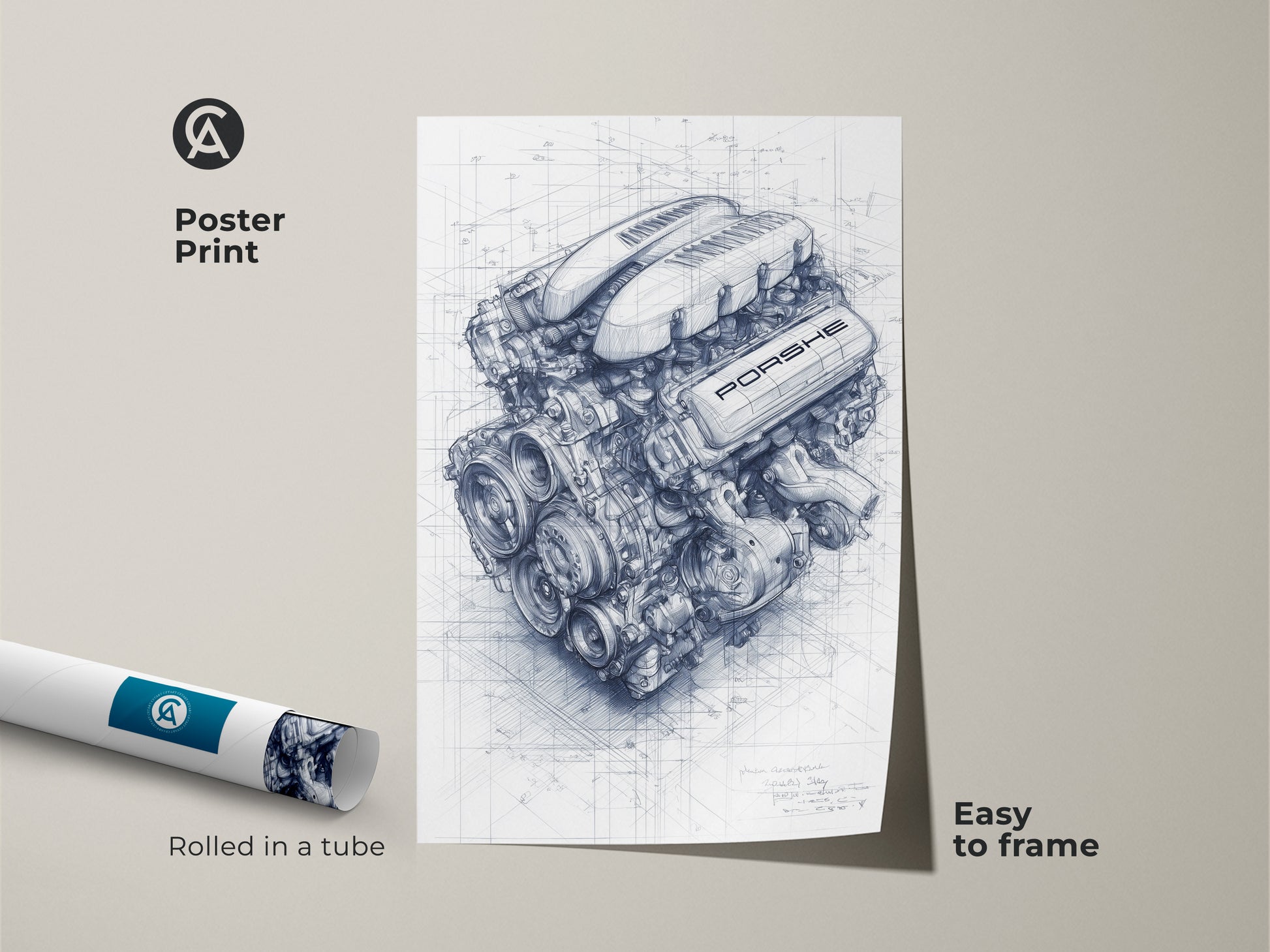 Poster print of a Porsche engine technical drawing. This automotive art comes rolled in a tube. It is easy to frame. A vintage car engine art piece for mechanics workshops.