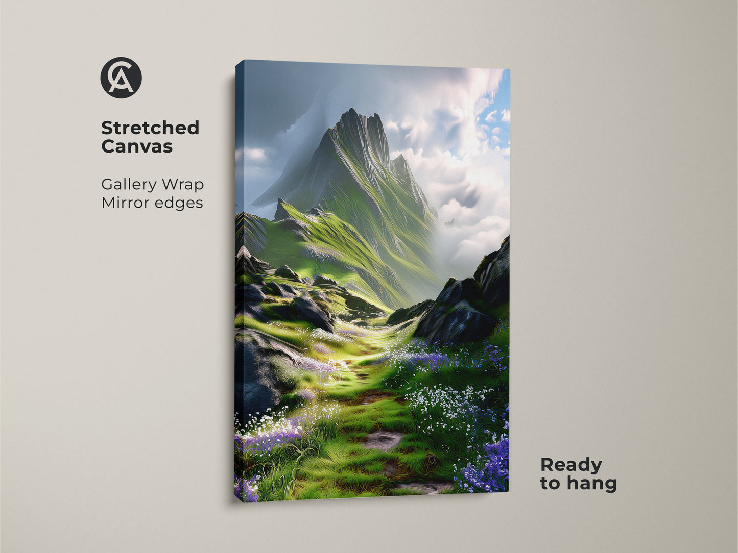 Stretched Canvas of a green and blue mountain landscape art print. This gallery wrapped canvas shows impressionistic wildflower scenery. Nature artwork ready to hang for home decor.