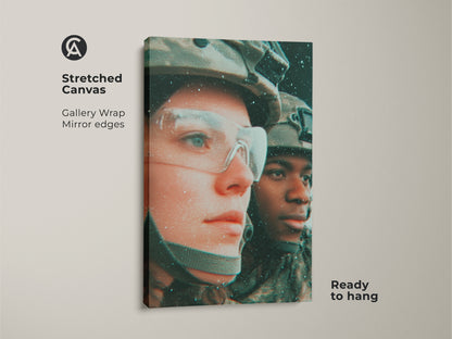 Discover canvas art. This gallery wrapped canvas shows two soldiers. The artwork has mirrored edges. It's stretched and ready to hang. This piece adds depth to any wall. Perfect for military art enthusiasts.