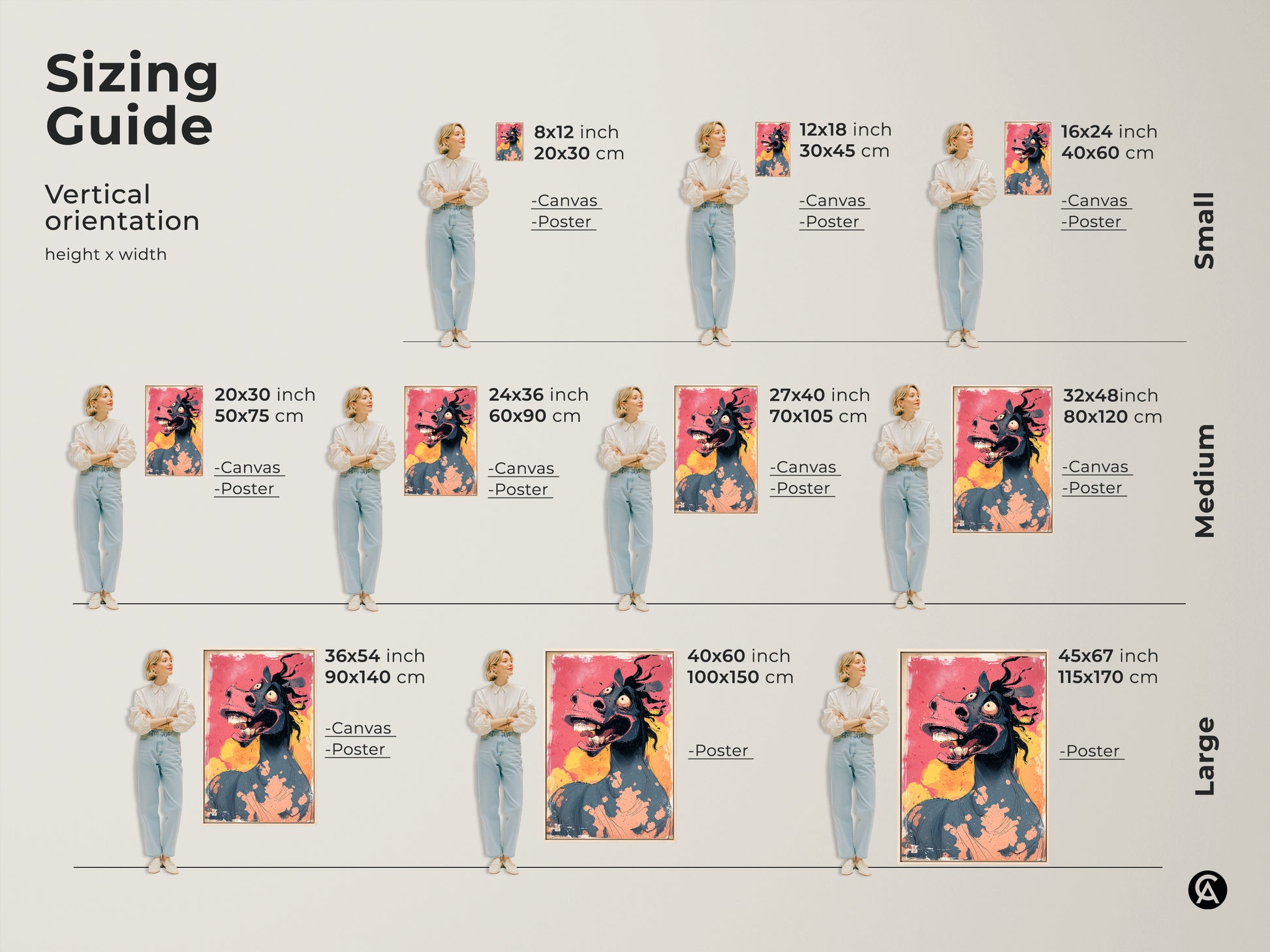 Sizing guide for cartoon horse art. This artwork is available in various sizes for canvas and poster prints. The grotesque animal art fits any space from small to large. It is perfect for studio office or home decor.