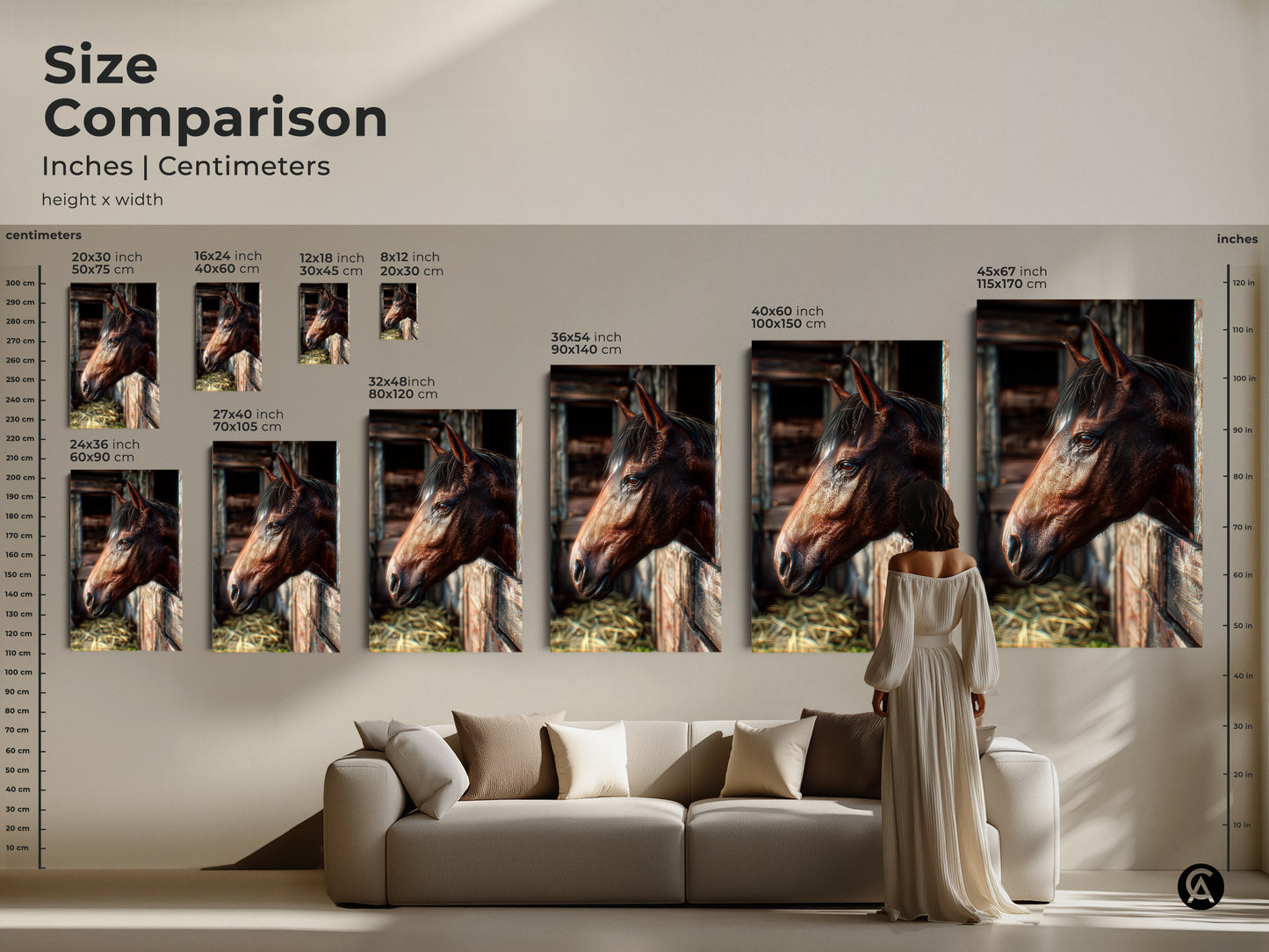 Compare sizes of horse art prints in inches and centimeters. See how different dimensions fit above a couch. Choose the ideal size to create a stunning focal point in your home.
