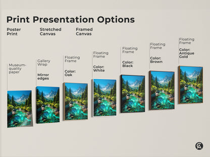 Explore print presentation options for mountain river artwork. Choose from poster print stretched canvas and framed canvas. Each option highlights the emerald green turquoise landscape. Select the perfect style for your nature wall decor. Ideal for bringing alpine scenery into your home. Various floating frame color options are available.