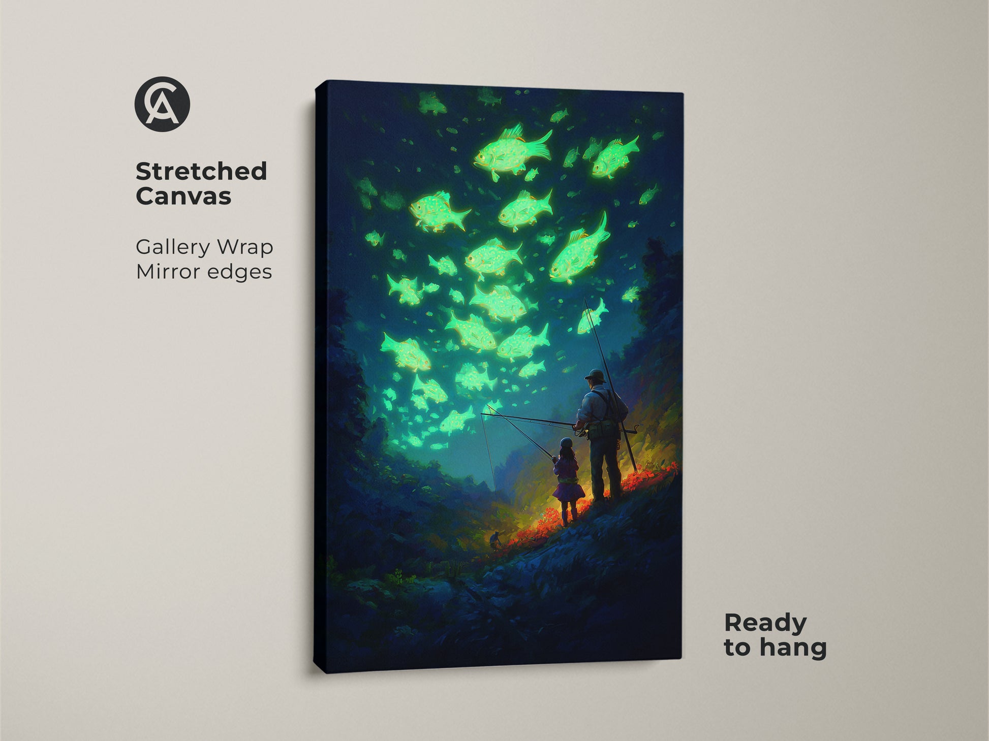 Stretched canvas of a father daughter fishing wall art. The emerald green fantasy art has gallery wrapped mirror edges. It's ready to hang adding surrealism to your home decor.