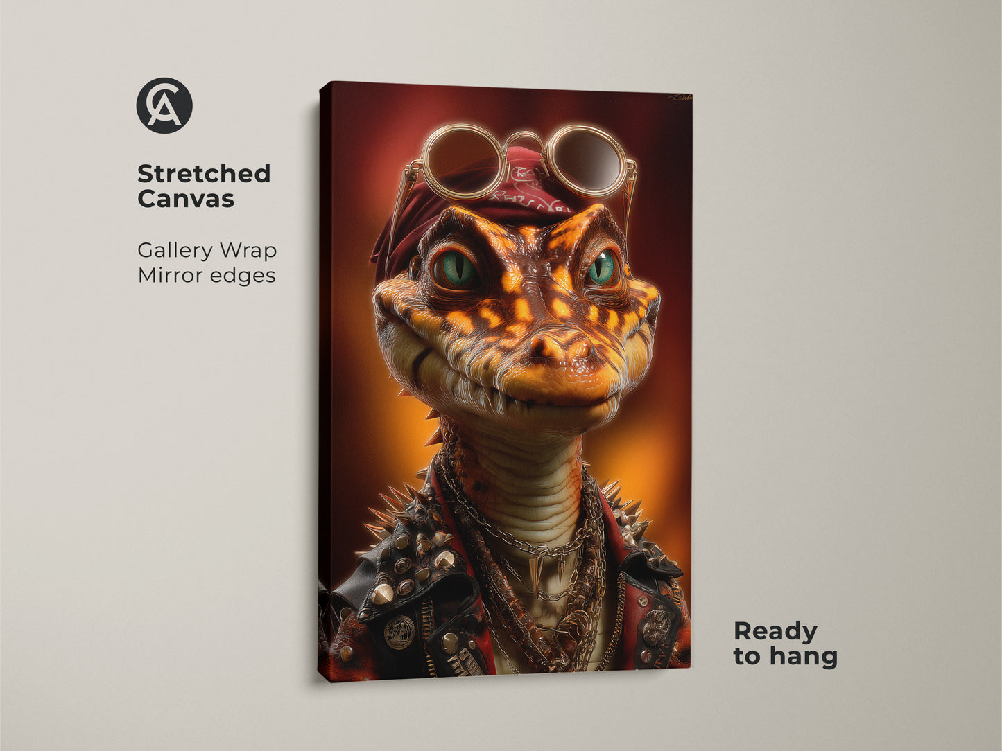Stretched canvas featuring a punk rock reptile canvas. The steampunk animal wall art showcases a cool alligator with sunglasses. This unique art print is ready to hang and perfect for eclectic home wall art.  This piece adds character to a den or music themed bar decor. It makes a great birthday gift for him