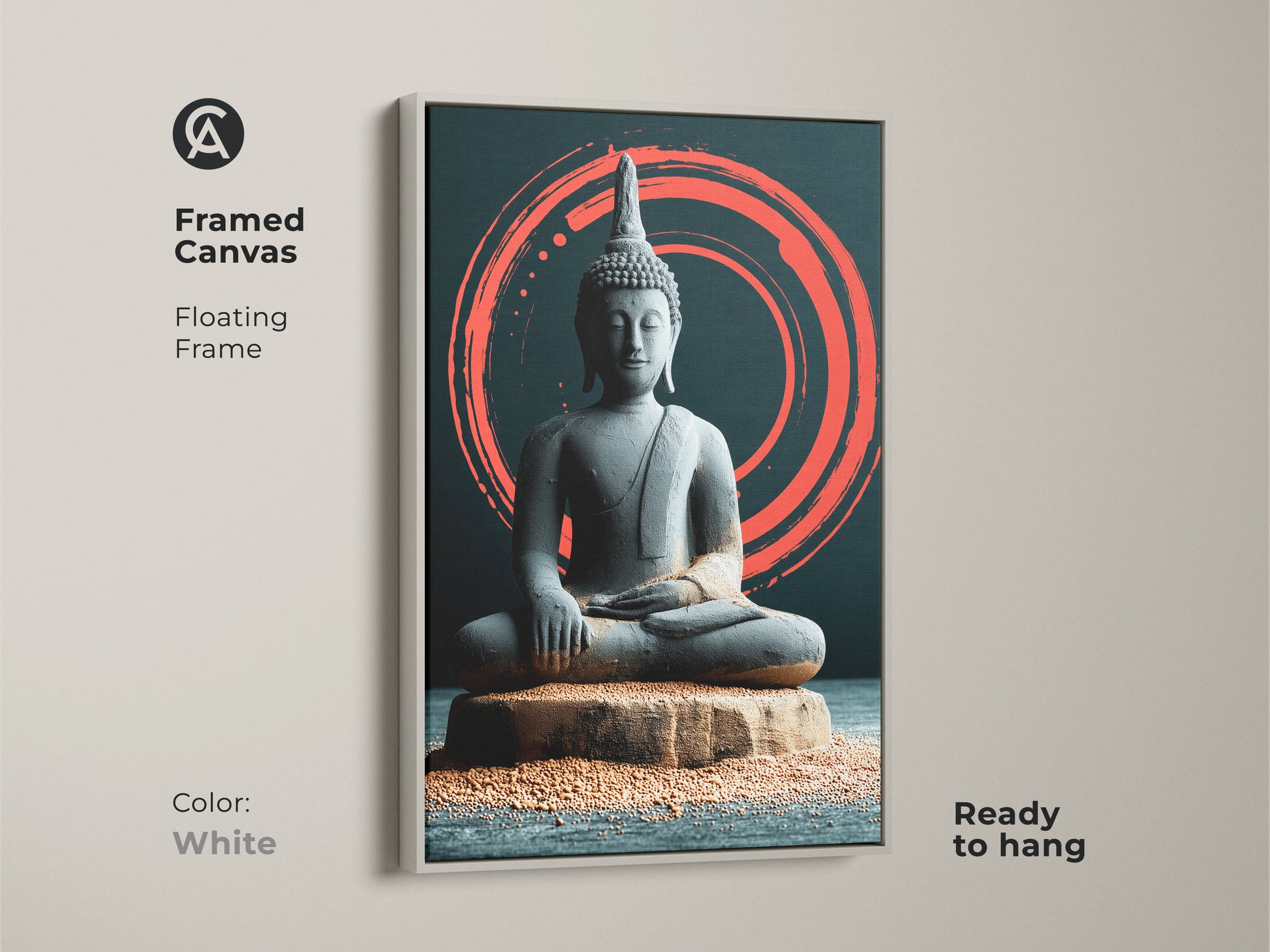White framed canvas featuring Japandi Zen Buddha artwork. With a floating frame that enhances the minimalist meditation artwork it features a coral Zen circle that adds a spiritual element. Ready to hang for a tranquil home decor.
