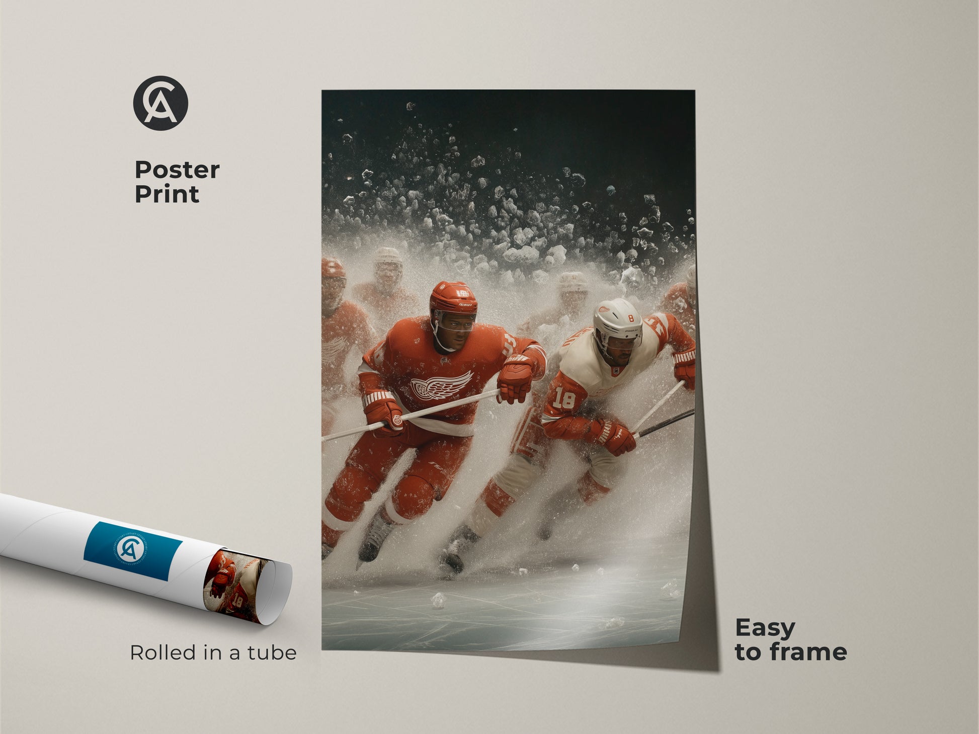 This poster print features a dynamic Ice Hockey action scene. The artwork is rolled in a tube for easy framing. A perfect sports art gift for hockey fans. This Red and White sports decor brings the game's thrill to any space. Enjoy a contemporary feel.