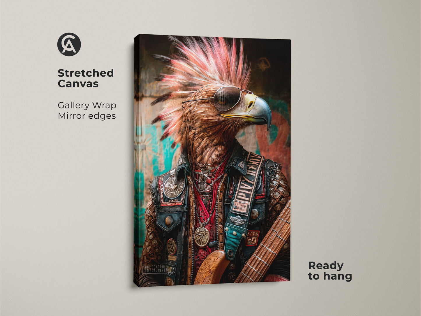 Punk Rocker Eagle is ready to hang as stretched canvas art. The gallery wrap has mirrored edges. This biker animal wall art is music-inspired. It's a cool sunglasses eagle guitarist ready for display. The print captures the rebellious energy of rockabilly wall decor.