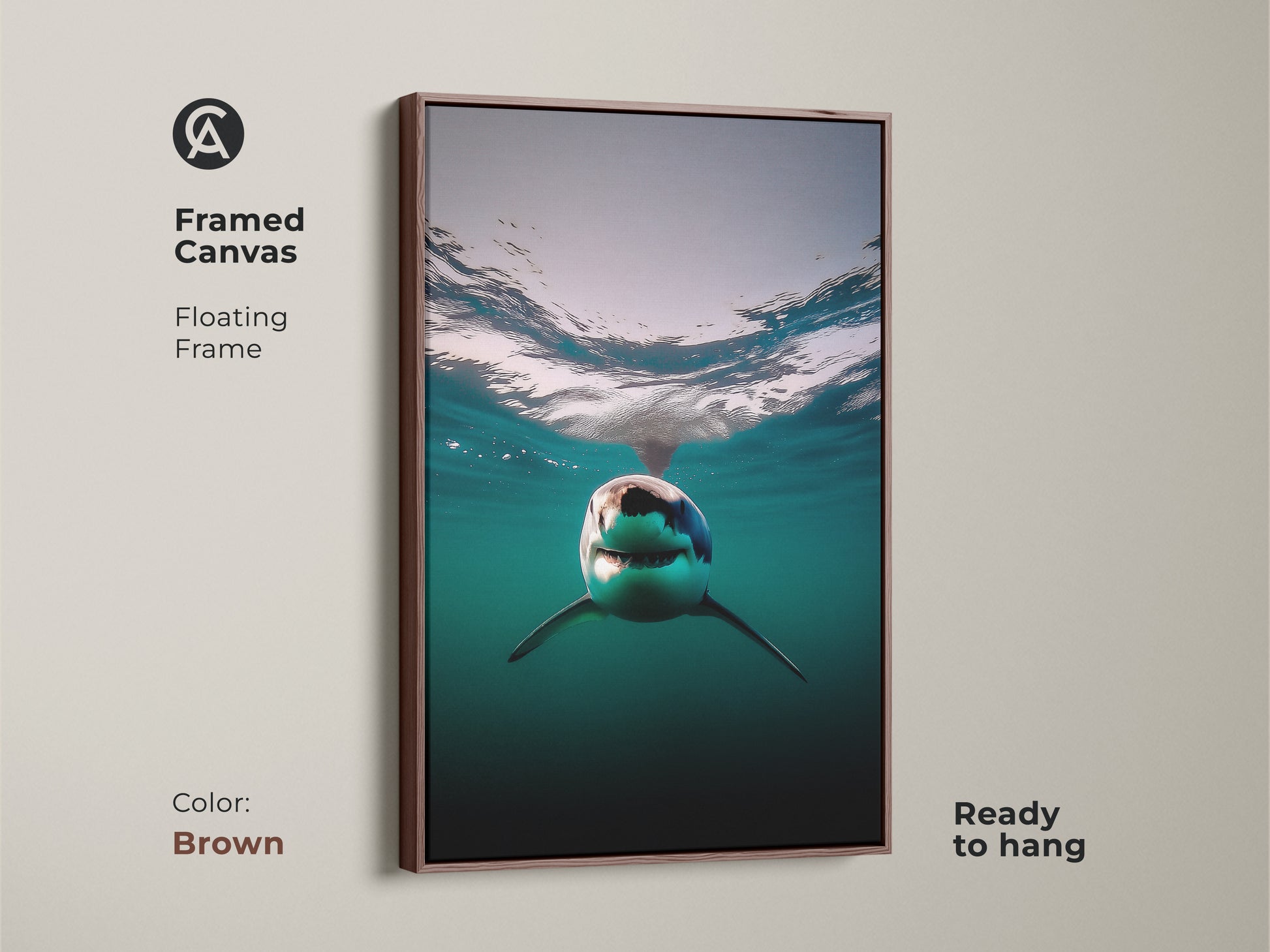A framed canvas print showcases a great white shark. The brown floating frame complements the deep blue underwater art. This contemporary animal canvas brings marine wildlife into your home. A perfect housewarming present for ocean lovers. Add this shark lover art today.