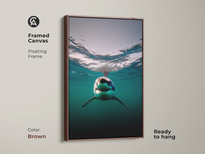 A framed canvas print showcases a great white shark. The brown floating frame complements the deep blue underwater art. This contemporary animal canvas brings marine wildlife into your home. A perfect housewarming present for ocean lovers. Add this shark lover art today.