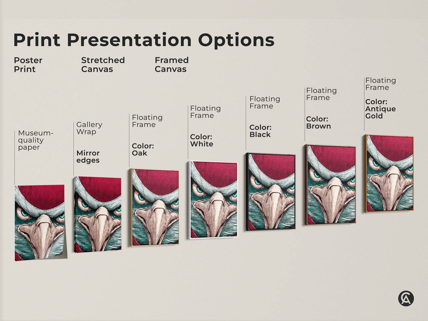 Various print presentation options of an eagle artwork. See options for a poster print stretched canvas and a framed canvas. You can choose museum quality paper or gallery wrap. Find a floating frame to match your unique home decor.