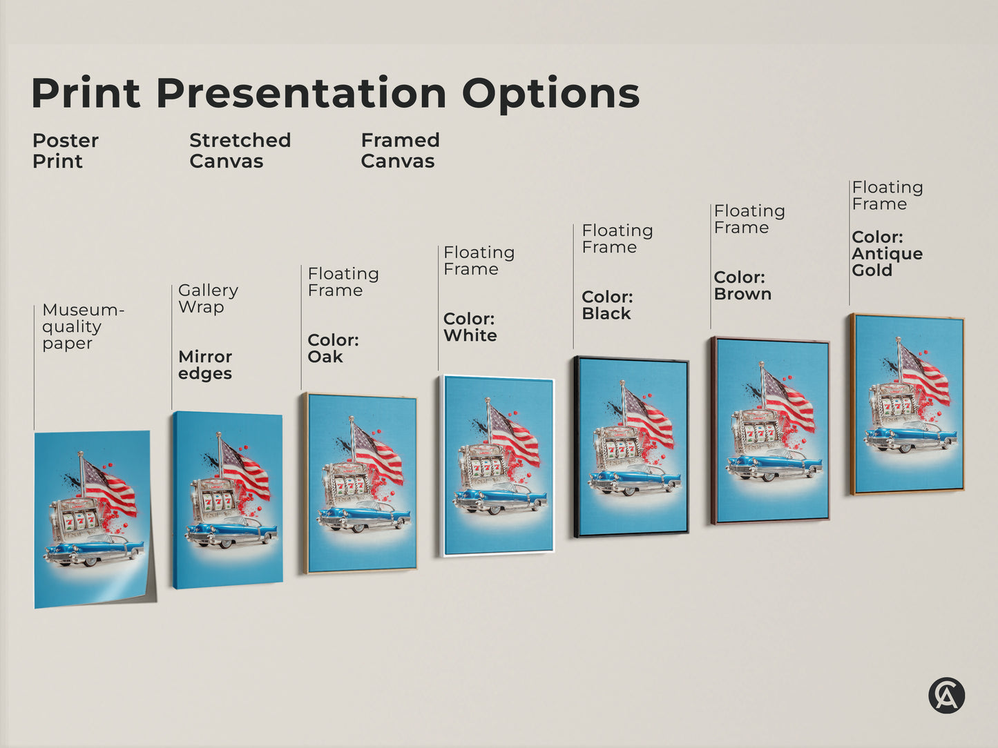 Explore the print presentation options for this retro canvas art. It is showcasing poster stretched and framed styles. Each features the classic car slot machine and American Flag art. Find museum quality paper gallery wrapped edges and floating frames with various colors for your decor.