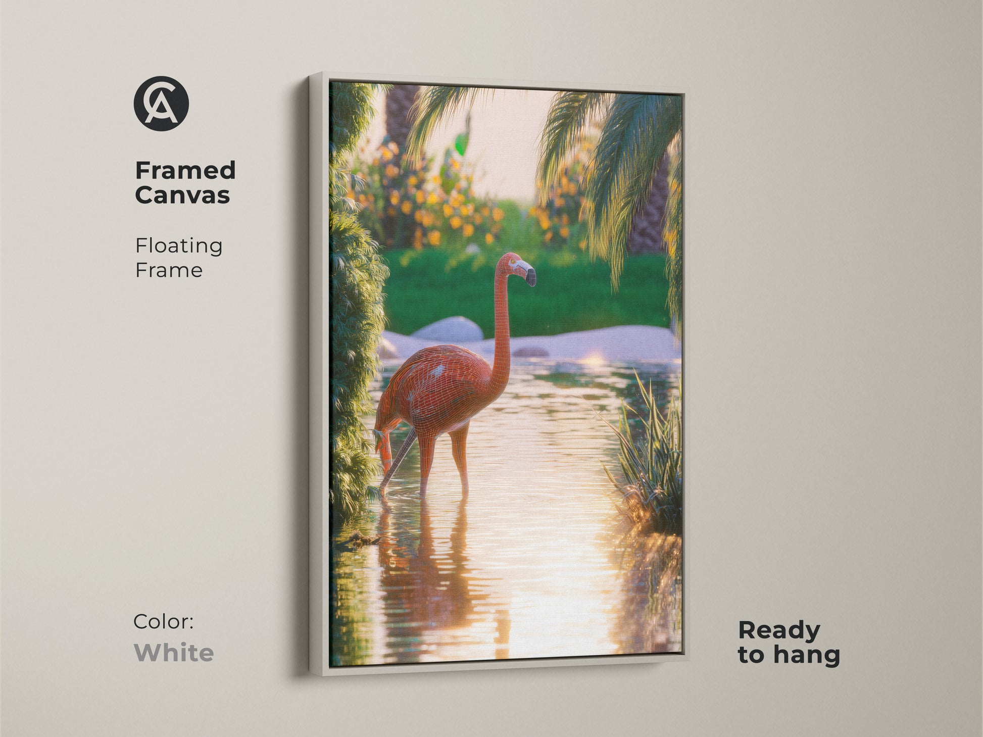 This framed canvas features vibrant flamingo artwork ready to hang. The floating frame in white enhances the tropical nature canvas art. See the surreal flamingo in a lush palm tree scene. Coral orange green artwork adds a boho chic touch. Perfect for animal lovers seeking nature inspired wall art.