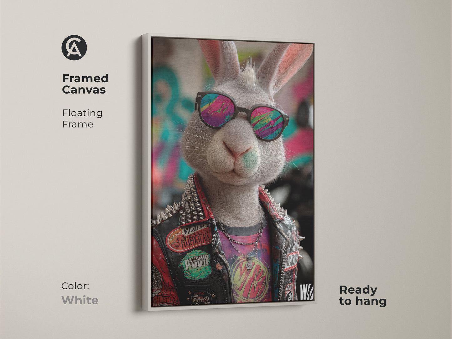 Framed canvas of punk rock bunny art in a white floating frame. A cool bunny rocks sunglasses and a studded jacket. Ready to hang animal artwork will add an edgy decor vibe. A perfect fit for teen rooms or man caves. Shop now for a unique gift for lovers of alternative art