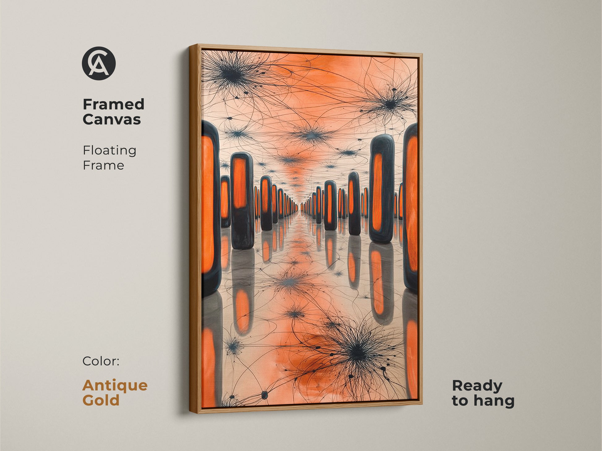 Antique gold framed canvas displaying geometric surreal art. The repeating orange rectangles and spiky forms make this a contemporary home accent. A unique abstract artwork for art collectors.