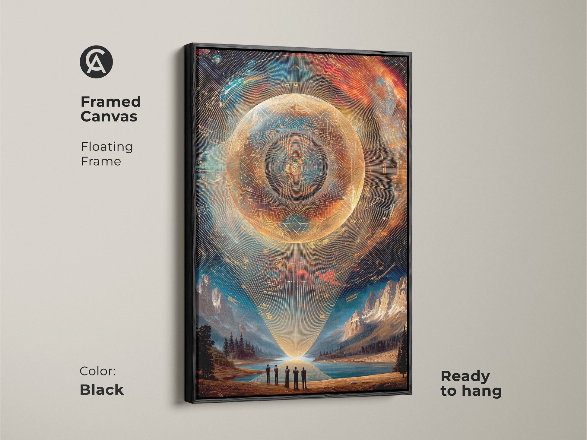 Framed canvas print of abstract cosmic wall art with a sci-fi sphere. This futuristic mountain canvas is ready to hang. Its black floating frame enhances gold teal landscape art. The artwork provides a modern look in any space. A perfect surreal piece for office or home decor. Ideal for art collectors.