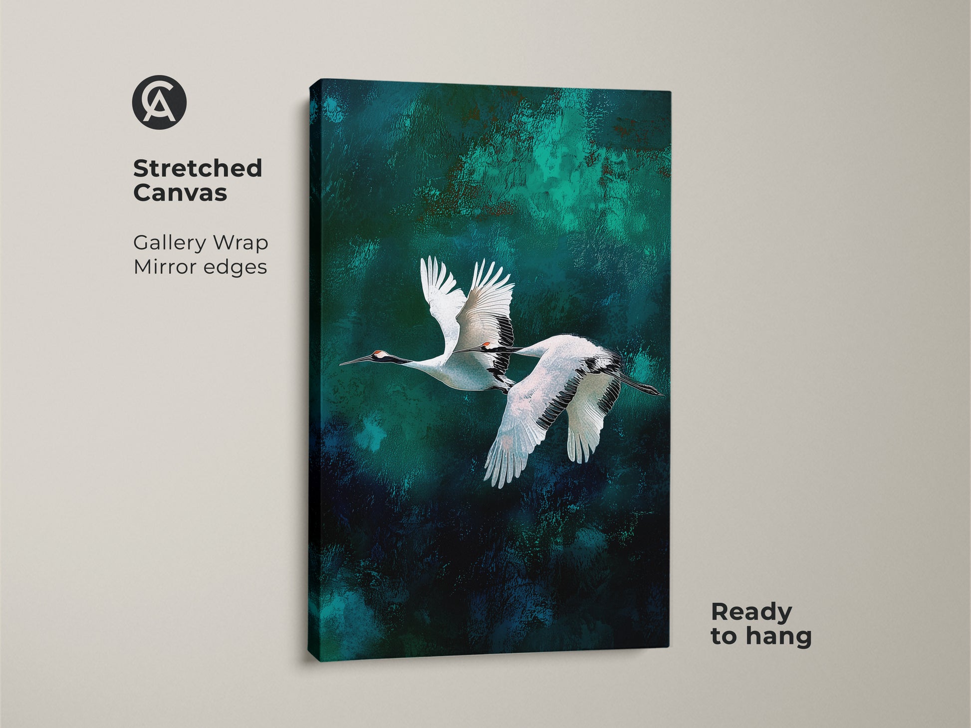 Close-up of the abstract crane wall art on stretched canvas. This teal emerald canvas print uses the ink wash bird art style. The minimalist flying cranes create modern nature decor ready to hang for any room.