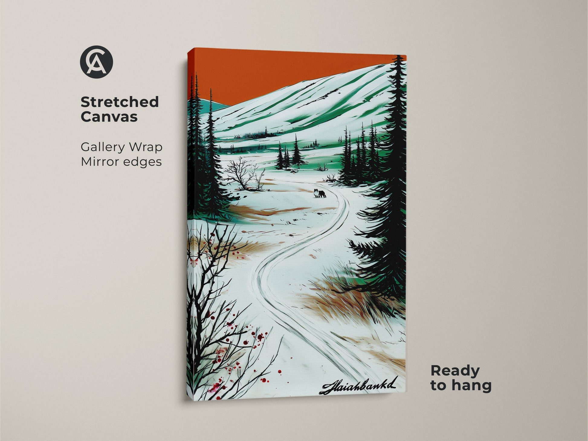 Close-up of a winter wolf landscape canvas art. Gallery wrapped and ready to hang. The artwork captures a rustic pine forest scene with a stylized nature print. Perfect for animal lovers seeking cozy wall decor.