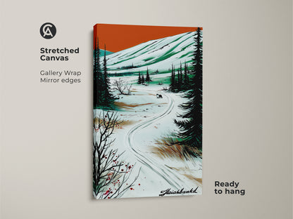Close-up of a winter wolf landscape canvas art. Gallery wrapped and ready to hang. The artwork captures a rustic pine forest scene with a stylized nature print. Perfect for animal lovers seeking cozy wall decor.
