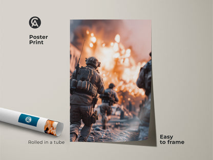 A poster print shows military action artwork. A soldier runs through the scene of an explosion. Rolled in a tube this tactical soldier print is easy to frame. It's a unique gift for a veteran seeking powerful military decor.