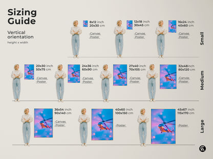 Sizing guide for helicopter artwork. Vertical orientation options include canvas and poster prints. Small medium and large sizes are available. Find the perfect fit for your space with our versatile sizing guide. Transform your walls with aviation art.