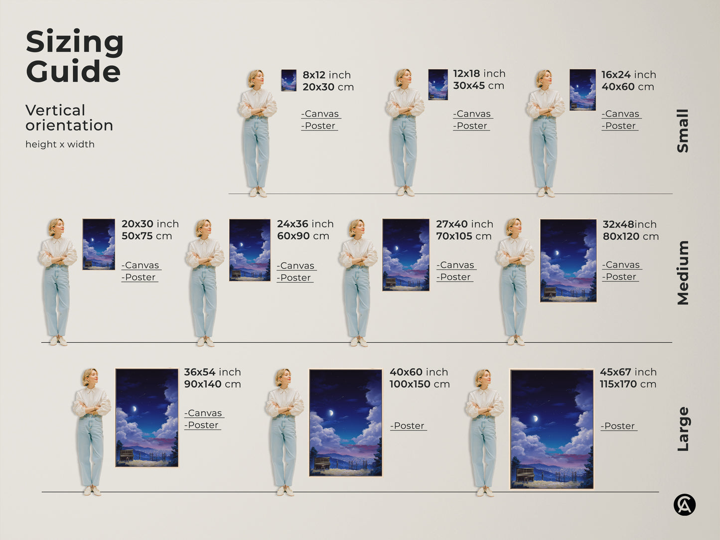 Sizing guide for vertical surreal piano landscape artwork. Available as canvas or poster in sizes from small to large. Perfect for eclectic bedroom decor. Find the ideal fit for your space with this dreamy night sky art.