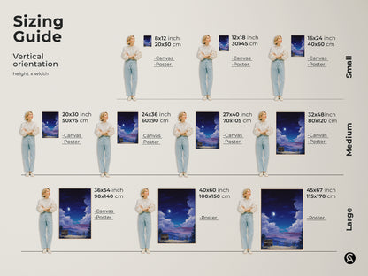 Sizing guide for vertical surreal piano landscape artwork. Available as canvas or poster in sizes from small to large. Perfect for eclectic bedroom decor. Find the ideal fit for your space with this dreamy night sky art.