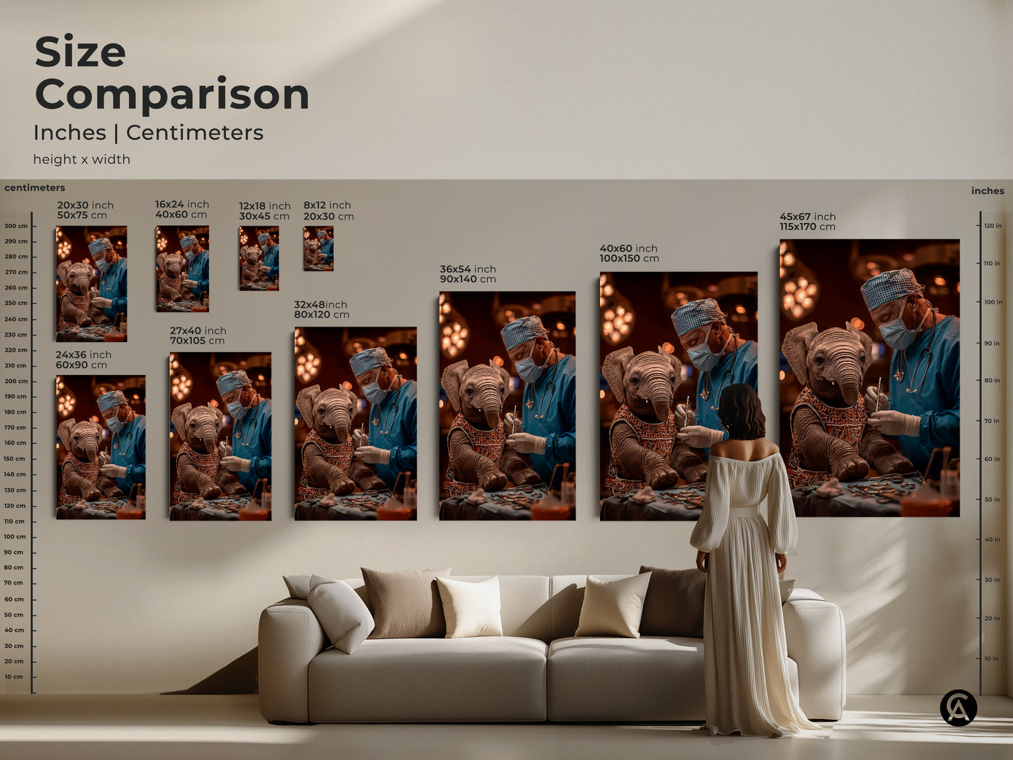 Size Comparison of Elephant Surgeon art. View art sizes in inches and centimeters to visualize dimensions. Perfect for planning veterinary office decor eclectic homes and thoughtful medical gifts. See how the artwork fits over furniture. Find the ideal size for canvas or poster prints.