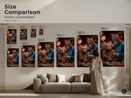 Size Comparison of Elephant Surgeon art. View art sizes in inches and centimeters to visualize dimensions. Perfect for planning veterinary office decor eclectic homes and thoughtful medical gifts. See how the artwork fits over furniture. Find the ideal size for canvas or poster prints.